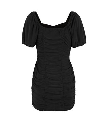 Black Ruched Puff Sleeve Mini Dress ...